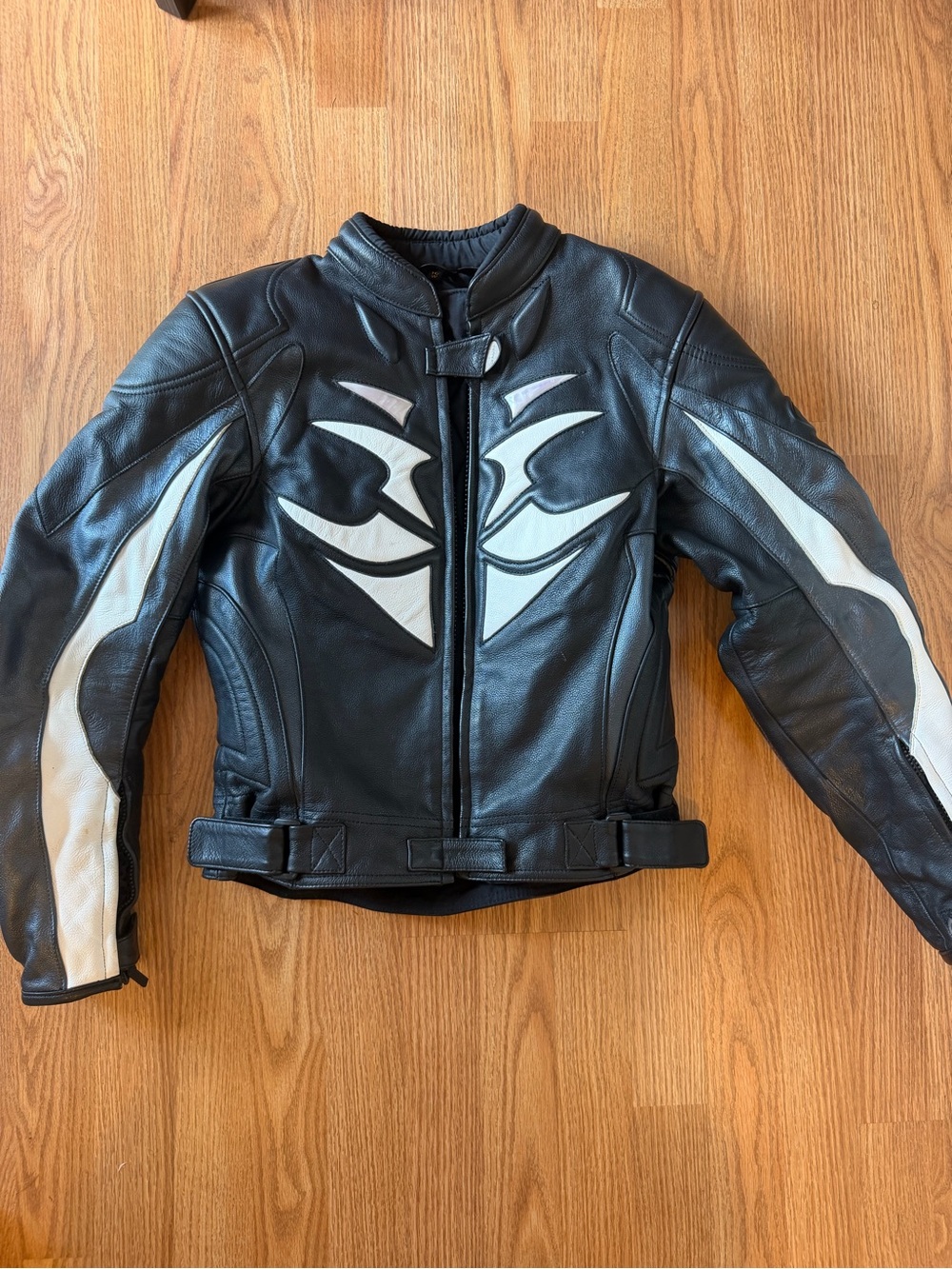 Women's Black Leather Motorcycle Jacket with White Accent Panels
